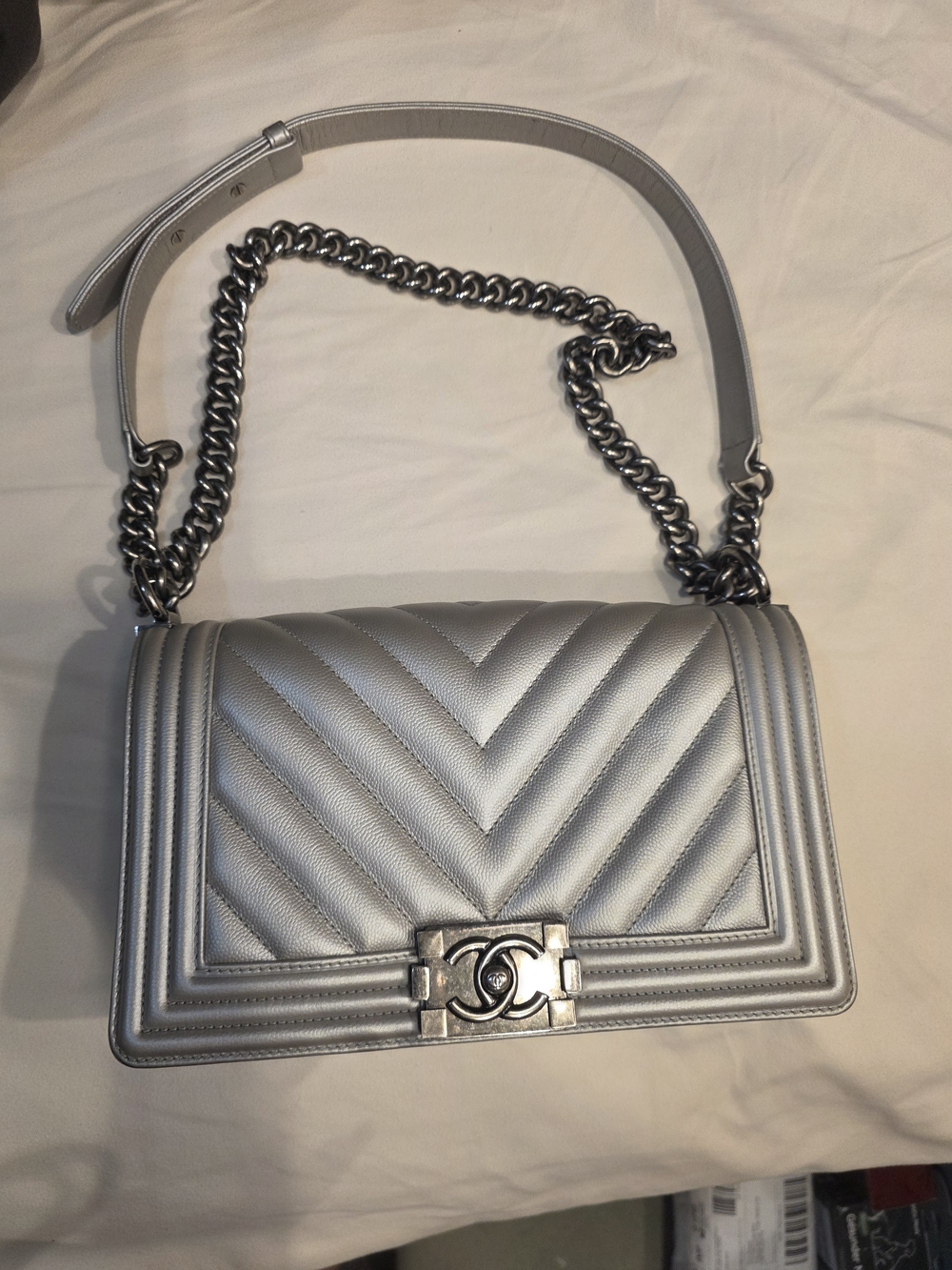 Chanel Silver Quilted Chevron Boy Bag - Silver Medium